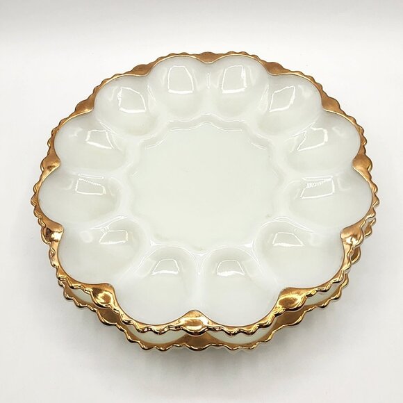 Anchor Hocking Milk Glass Divided Relish Tray And Deviled Egg Plate Gold Trim - Picture 7 of 10